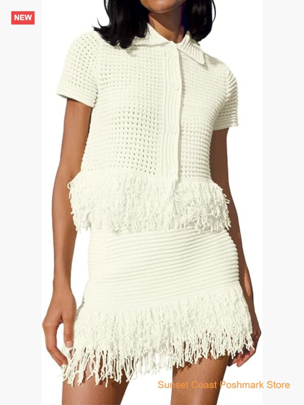 2 Piece Crochet Outfits Short Sleeve Button Knit Sweater Tops Fringe Skirt